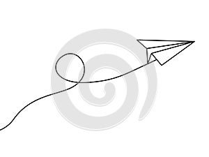 Paper plane with dotted line. Linear icon origami paper airplane. Handmade aircraft. Travel, route symbol. Vector