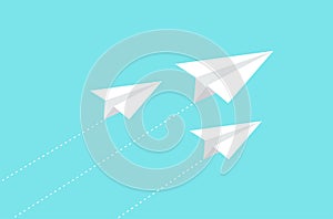 Paper plane with dotted trace on blue background. Paper airplane flying. Vector illustration