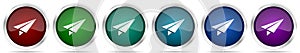 Paper plane, fly, flight, airplane icons, set of silver metallic glossy web buttons in 6 color options isolated on white