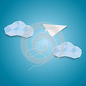 Paper plane flying between clouds.Idea success cutout poster background