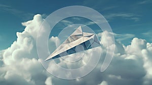 Paper Plane flying through the cloudy sky