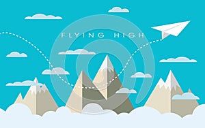 Paper plane flying over mountains between clouds