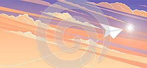 Paper plane flying over sunset sky landscape. Airplane flying among clouds and sun, art style