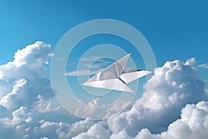 Paper plane flying over white fluffly clouds. Generative AI