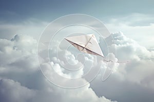 Paper plane flying over white fluffly clouds. Generative AI