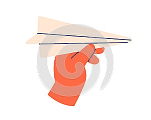 Paper plane in hand icon. Arm holding origami airplane to throw and fly. Start, target, launch concept. Sending messages