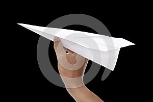 paper plane in hand isolated on black background - clipping paths