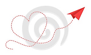 Paper plane with heart path. Flying airplane with contour dotted trace in love form card design, travel or romantic