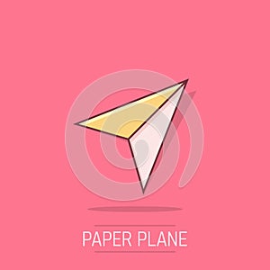Paper plane icon in comic style. Sent message cartoon vector illustration on isolated background. Air sms splash effect business
