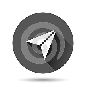 Paper plane icon in flat style. Sent message vector illustration on black round background with long shadow effect. Air sms circle