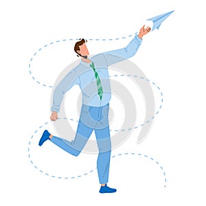 Paper Plane Launching Young Businessman Vector Illustration