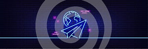 Paper plane line icon. International flight sign. Neon light glow effect. Vector