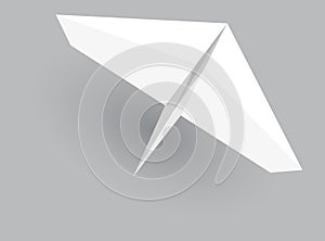 Paper plane model. Origami handmade aircraft view. Vector white paper airplane with shadow, isolated on gray background