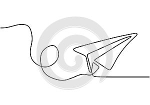 Paper plane one line drawing vector. Continuous single hand drawn business metaphor of creativity and freedom of craft airplane
