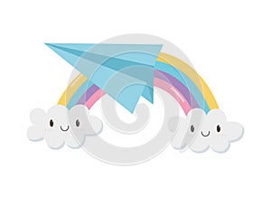 Paper plane and rainbow sun clouds cartoon character