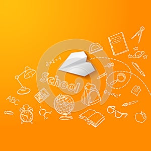 Paper plane and school doodle vector background