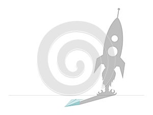 Paper plane with shadow in the shape of rocket vector flat illustration isolated on white background.
