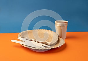 Paper Plate, Fork, Knife, Eco Tableware, Disposable Cutlery, Biodegradable, Eco Bio Table Setting for Picnic