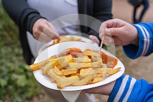 Paper plate with traditional German currywurst and french fries
