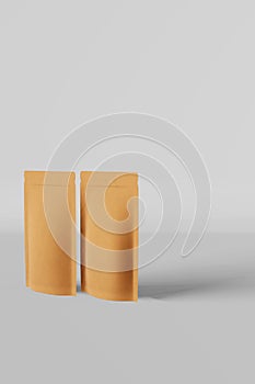 Paper pouch bag mockup white background isolated 3D render. Merchandise packaging design. Blank brown kraft pack coffee