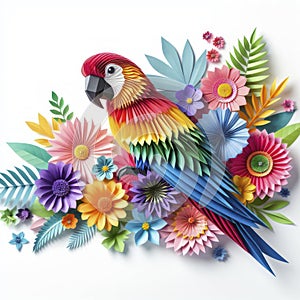 Paper Precision Paradise: Kirigami Parrot Amid Flower Extravaganza, White Isolation for Impact