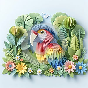Paper Precision Paradise: Kirigami Parrot Amidst Floral Fantasy, White Isolation for Maximum Visual Appeal