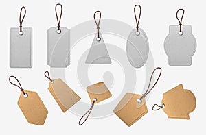 Paper price tags. Realistic blank cardboard labels with ropes, vintage white and brown shopping labels, pricing tag