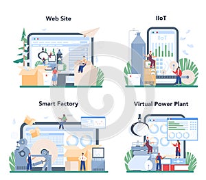 Paper production and wood processing online service or platform set.