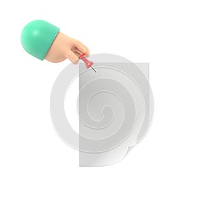 Paper push pins. Thumbtack in hand man. Empty white sheet. 3D illustration flat design. Attach announcement to wall