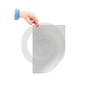 Paper push pins. Thumbtack in hand man. Empty white sheet. 3D illustration flat design. Attach announcement to wall