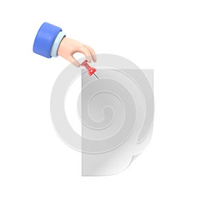 Paper push pins. Thumbtack in hand man. Empty white sheet. 3D illustration flat design. Attach announcement to wall