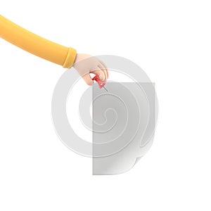 Paper push pins. Thumbtack in hand man. Empty white sheet. 3D illustration flat design. Attach announcement to wall.