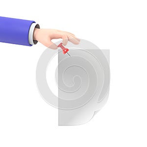 Paper push pins. Thumbtack in hand man. Empty white sheet. 3D illustration flat design. Attach announcement to wall