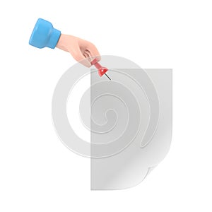 Paper push pins. Thumbtack in hand man. Empty white sheet. 3D illustration flat design. Attach announcement to wall
