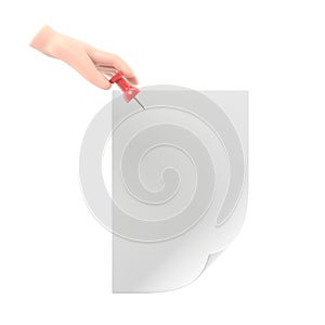 Paper push pins. Thumbtack in hand man. Empty white sheet. 3D illustration flat design. Attach announcement to wall.