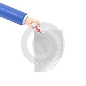 Paper push pins. Thumbtack in hand man. Empty white sheet. 3D illustration flat design. Attach announcement to wall.