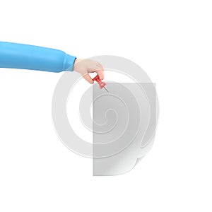 Paper push pins. Thumbtack in hand man. Empty white sheet. 3D illustration flat design. Attach announcement to wall