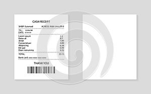 Paper receipt. Invoice for purchase in supermarket. Cash bill for payment in restaurant. Print paper receipt in atm. Fiscal
