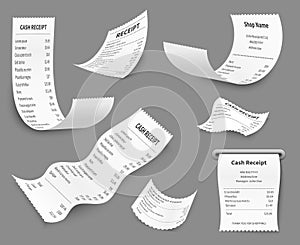 Paper receipts. Receipt print amount bill, budget buy choice cost check, cash retail document, pay price purchase set