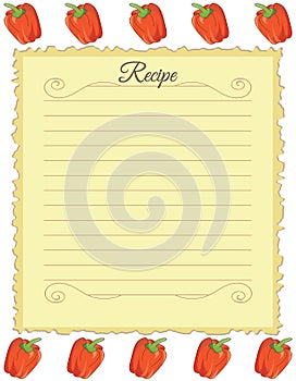 Paper for recipes. Form for recipes. Notebook paper with red bell pepper ornament. Vintage