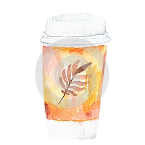 Paper recyclable coffee cup. Mug illustration. Coffee cup in autumn leaves. Autumn in the city text.