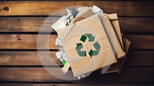Paper recycle sign with paper and carton garbage on wooden background top view