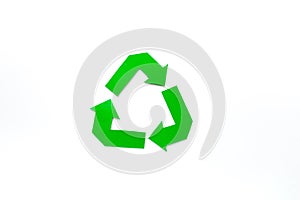 Paper recycle sign on white background top view copyspace