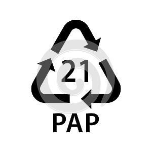 paper recycling code PAP 21, non-corrugated fiberboard, Cereal and snack boxes symbol, ecology recycling sign