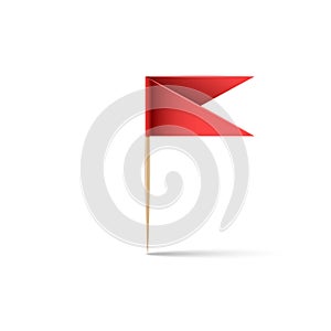 Paper red flag in the form of a pin on a wooden stick with a toothpick with shadow isolated white background, design element for