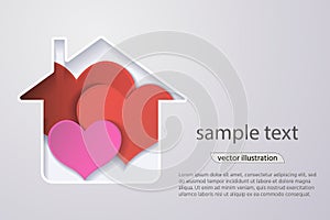 Paper red heart in the house, the concept of a happy family.origami design greeting cards.3d effect. Vector.