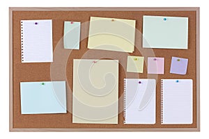 Paper reminder notices on a cork notice board on white with clipping path