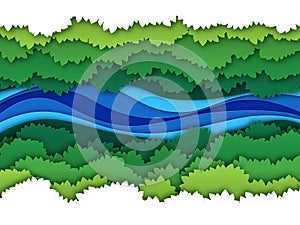 Paper river. Top view water stream surrounded by jungle forest trees baldachin. Creative origami natural aerial vector