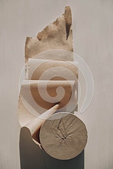 Paper roll on the table. Top view. Copy, empty space for text