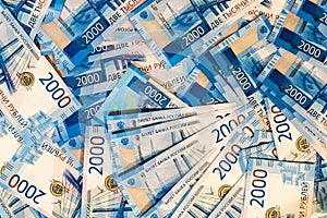 Russian money banknotes background. Two thousandth bills.